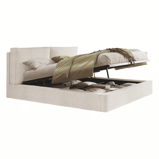 Cama de casal estofada 180x200 cm - baú com abertura hidráulica, com base de ripas e cabeceira acolchoada - bege em veludo