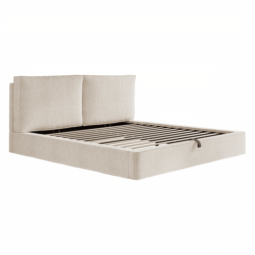 Cama de casal estofada 180x200 cm - baú com abertura hidráulica, com base de ripas e cabeceira acolchoada - bege em veludo