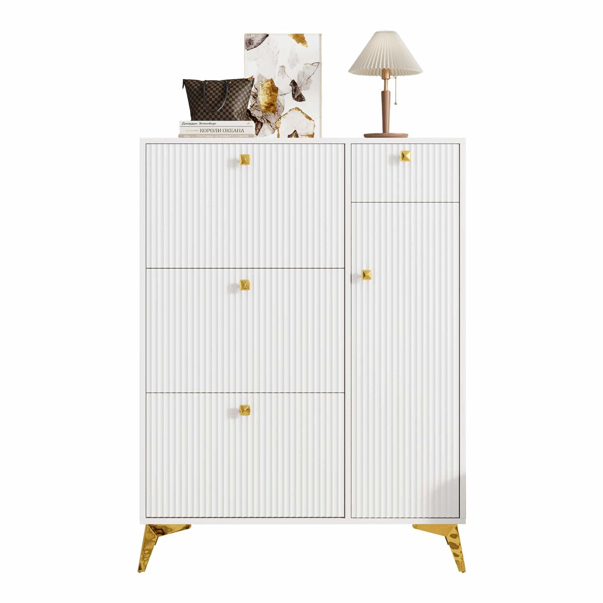 Zapatero estrecho 121x90x25 cm - 3 puertas abatibles, 1 cajón y 1 puerta - blanco