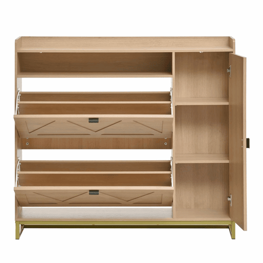 Armário com duas portas rebatíveis e armário lateral - grande capacidade, compartimento superior aberto, portas com relevo geométrico, estrutura metálica - natural Armário com duas portas rebatíveis e armário lateral - grande capacidade, compartimento superior aberto, portas com relevo geométrico, estrutura metálica - natural
