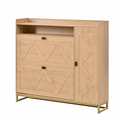 Armário com duas portas rebatíveis e armário lateral - grande capacidade, compartimento superior aberto, portas com relevo geométrico, estrutura metálica - natural Armário com duas portas rebatíveis e armário lateral - grande capacidade, compartimento superior aberto, portas com relevo geométrico, estrutura metálica - natural
