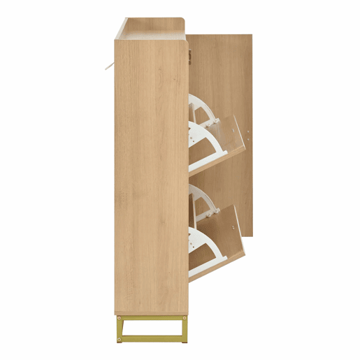 Armário com duas portas rebatíveis e armário lateral - grande capacidade, compartimento superior aberto, portas com relevo geométrico, estrutura metálica - natural Armário com duas portas rebatíveis e armário lateral - grande capacidade, compartimento superior aberto, portas com relevo geométrico, estrutura metálica - natural