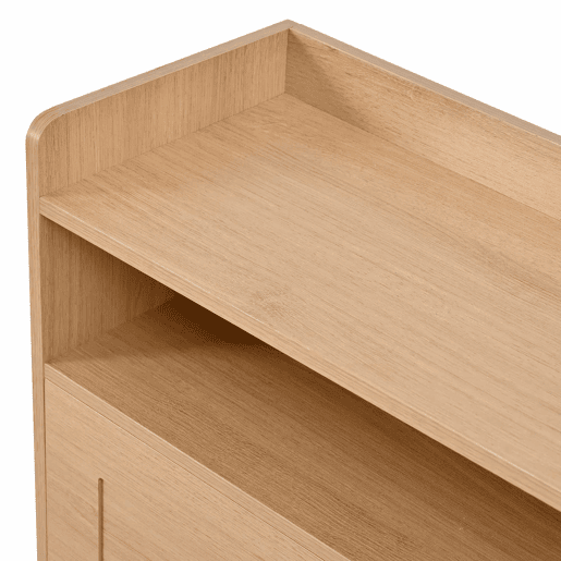 Armário com duas portas rebatíveis e armário lateral - grande capacidade, compartimento superior aberto, portas com relevo geométrico, estrutura metálica - natural Armário com duas portas rebatíveis e armário lateral - grande capacidade, compartimento superior aberto, portas com relevo geométrico, estrutura metálica - natural