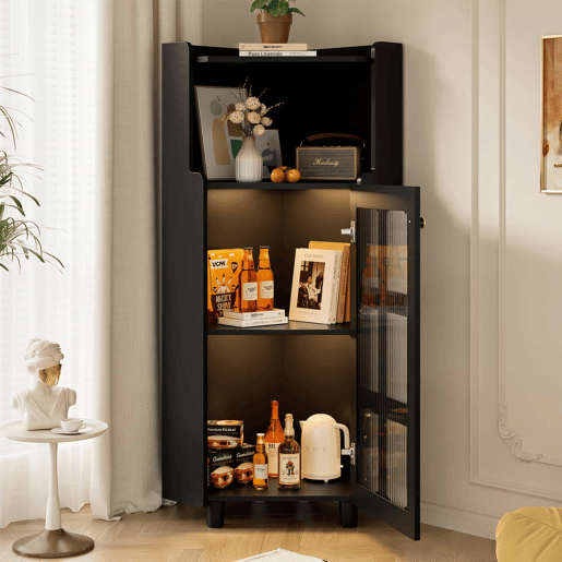 Armário de canto 63,5 x 124 cm - superfície lacada, iluminação LED, controlo por aplicação, design moderno multifuncional - preto Armário de canto 63,5 x 124 cm - superfície lacada, iluminação LED, controlo por aplicação, design moderno multifuncional - preto