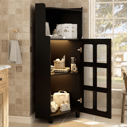 Armário de canto 63,5 x 124 cm - superfície lacada, iluminação LED, controlo por aplicação, design moderno multifuncional - preto Armário de canto 63,5 x 124 cm - superfície lacada, iluminação LED, controlo por aplicação, design moderno multifuncional - preto
