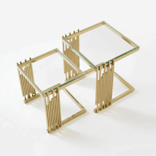 Conjunto de 2 mesas auxiliares modernas quadradas - Mesas de centro pequenas com vidro temperado transparente e pés em aço inoxidável dourado - Dourado + Transparente