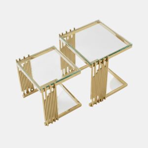 Conjunto de 2 mesas auxiliares modernas quadradas - Mesas de centro pequenas com vidro temperado transparente e pés em aço inoxidável dourado - Dourado + Transparente