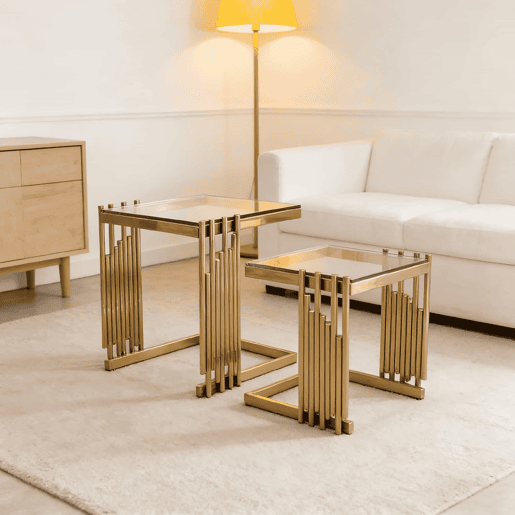 Conjunto de 2 mesas auxiliares modernas quadradas - Mesas de centro pequenas com vidro temperado transparente e pés em aço inoxidável dourado - Dourado + Transparente