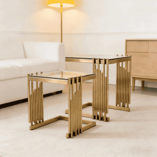 Conjunto de 2 mesas auxiliares modernas quadradas - Mesas de centro pequenas com vidro temperado transparente e pés em aço inoxidável dourado - Dourado + Transparente