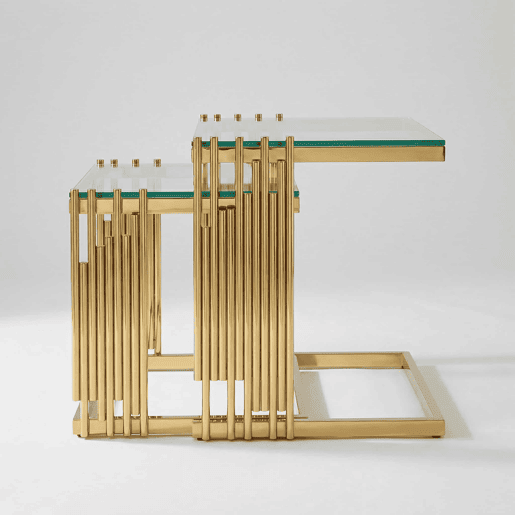 Conjunto de 2 mesas auxiliares modernas quadradas - Mesas de centro pequenas com vidro temperado transparente e pés em aço inoxidável dourado - Dourado + Transparente