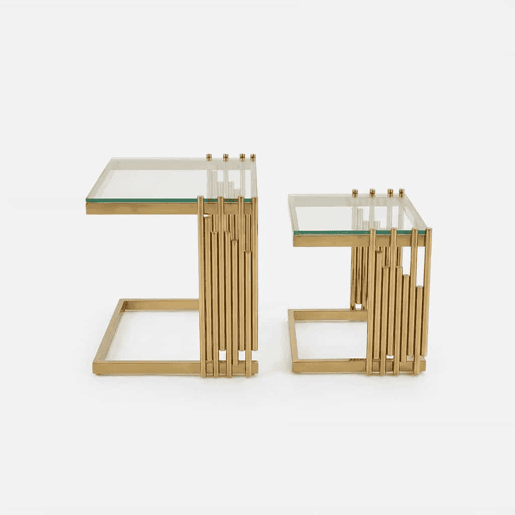 Conjunto de 2 mesas auxiliares modernas quadradas - Mesas de centro pequenas com vidro temperado transparente e pés em aço inoxidável dourado - Dourado + Transparente