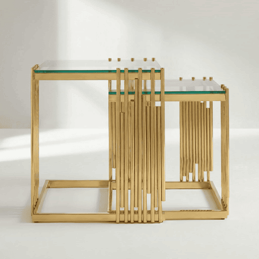Conjunto de 2 mesas auxiliares modernas quadradas - Mesas de centro pequenas com vidro temperado transparente e pés em aço inoxidável dourado - Dourado + Transparente