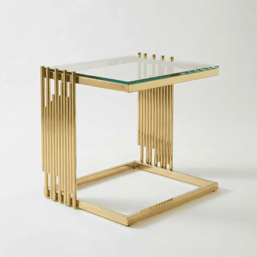 Conjunto de 2 mesas auxiliares modernas quadradas - Mesas de centro pequenas com vidro temperado transparente e pés em aço inoxidável dourado - Dourado + Transparente