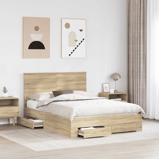 Estrutura da Cama de casal moderno com cabeceira Carvalho Sonoma 150 x 200 cm Estrutura da Cama de casal moderno com cabeceira Carvalho Sonoma 150 x 200 cm