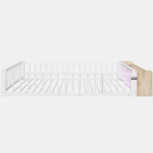 Cama baixa, 140 x 200 cm - Estrutura metálica, com grade de segurança, sem colchão, com compartimentos e luzes LED - Branco