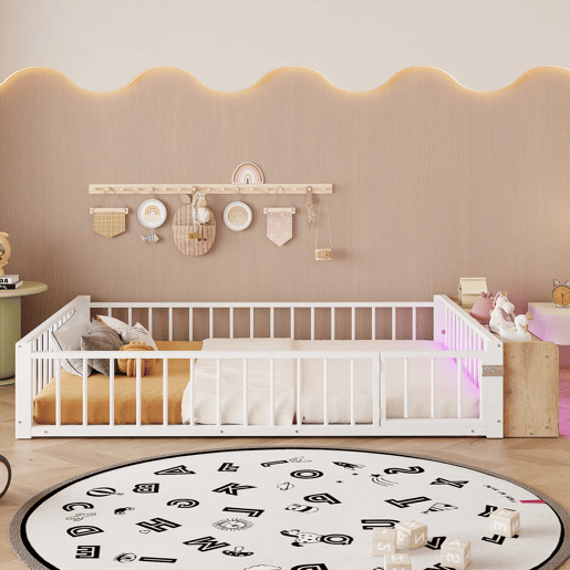 Cama baixa, 140 x 200 cm - Estrutura metálica, com grade de segurança, sem colchão, com compartimentos e luzes LED - Branco Cama baixa, 140 x 200 cm - Estrutura metálica, com grade de segurança, sem colchão, com compartimentos e luzes LED - Branco