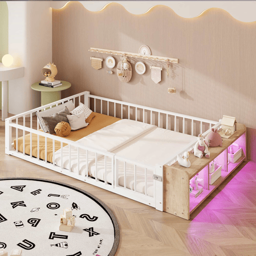 Cama baixa, 140 x 200 cm - Estrutura metálica, com grade de segurança, sem colchão, com compartimentos e luzes LED - Branco Cama baixa, 140 x 200 cm - Estrutura metálica, com grade de segurança, sem colchão, com compartimentos e luzes LED - Branco