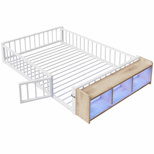 Cama baixa, 140 x 200 cm - Estrutura metálica, com grade de segurança, sem colchão, com compartimentos e luzes LED - Branco Cama baixa, 140 x 200 cm - Estrutura metálica, com grade de segurança, sem colchão, com compartimentos e luzes LED - Branco