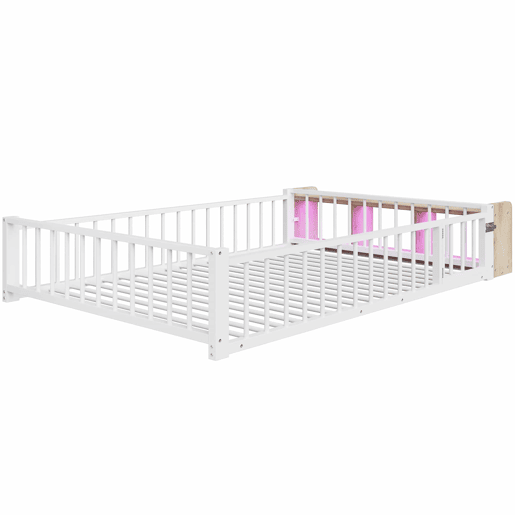 Cama baixa, 140 x 200 cm - Estrutura metálica, com grade de segurança, sem colchão, com compartimentos e luzes LED - Branco Cama baixa, 140 x 200 cm - Estrutura metálica, com grade de segurança, sem colchão, com compartimentos e luzes LED - Branco