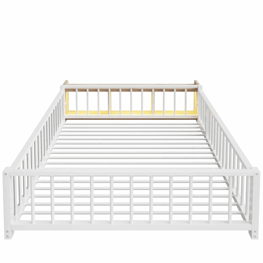 Cama baixa, 140 x 200 cm - Estrutura metálica, com grade de segurança, sem colchão, com compartimentos e luzes LED - Branco Cama baixa, 140 x 200 cm - Estrutura metálica, com grade de segurança, sem colchão, com compartimentos e luzes LED - Branco
