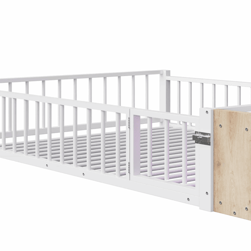 Cama baixa, 140 x 200 cm - Estrutura metálica, com grade de segurança, sem colchão, com compartimentos e luzes LED - Branco Cama baixa, 140 x 200 cm - Estrutura metálica, com grade de segurança, sem colchão, com compartimentos e luzes LED - Branco