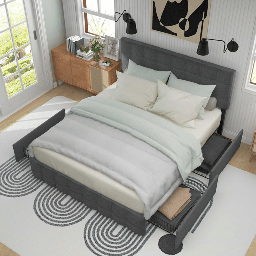 Cama estofada 140x200 cm - 4 gavetas, cabeceira ajustável, base de ripas, estrutura com espaço de arrumação - Cinza Cama estofada 140x200 cm - 4 gavetas, cabeceira ajustável, base de ripas, estrutura com espaço de arrumação - Cinza