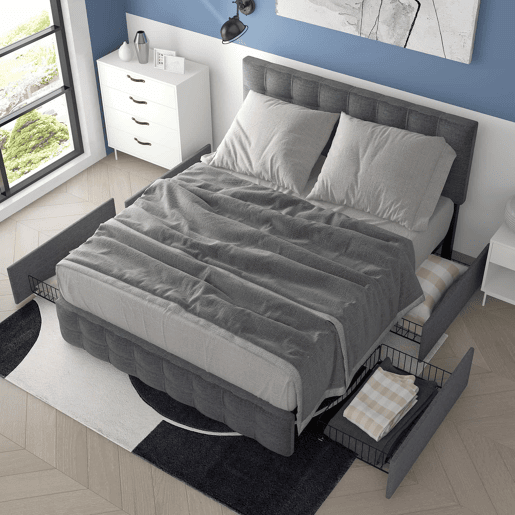 Cama estofada 140x200 cm - 4 gavetas, cabeceira ajustável, base de ripas, estrutura com espaço de arrumação - Cinza Cama estofada 140x200 cm - 4 gavetas, cabeceira ajustável, base de ripas, estrutura com espaço de arrumação - Cinza