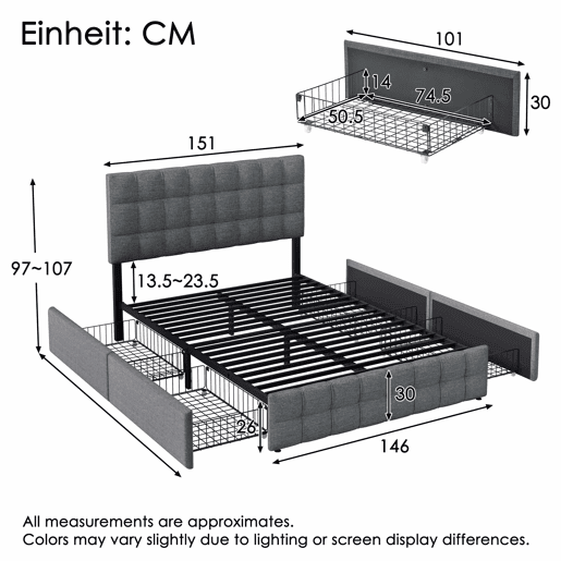 Cama estofada 140x200 cm - 4 gavetas, cabeceira ajustável, base de ripas, estrutura com espaço de arrumação - Cinza Cama estofada 140x200 cm - 4 gavetas, cabeceira ajustável, base de ripas, estrutura com espaço de arrumação - Cinza