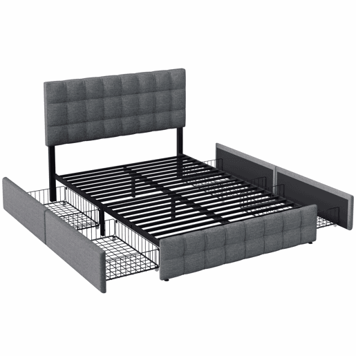 Cama estofada 140x200 cm - 4 gavetas, cabeceira ajustável, base de ripas, estrutura com espaço de arrumação - Cinza Cama estofada 140x200 cm - 4 gavetas, cabeceira ajustável, base de ripas, estrutura com espaço de arrumação - Cinza