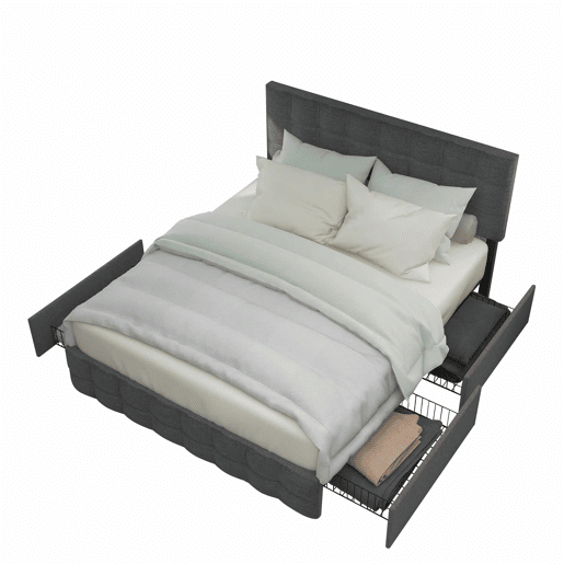 Cama estofada 140x200 cm - 4 gavetas, cabeceira ajustável, base de ripas, estrutura com espaço de arrumação - Cinza Cama estofada 140x200 cm - 4 gavetas, cabeceira ajustável, base de ripas, estrutura com espaço de arrumação - Cinza