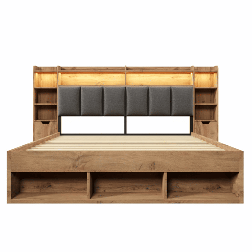 Cama de casal com dimensões 180x200 cm - cabeceira estofada com iluminação LED, mesas de cabeceira com portas USB e Type-C, arrumação com gavetas, base de ripas de madeira - carvalho