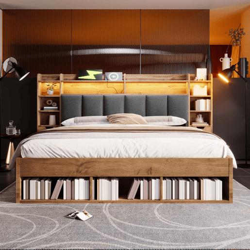 Cama de casal com dimensões 180x200 cm - cabeceira estofada com iluminação LED, mesas de cabeceira com portas USB e Type-C, arrumação com gavetas, base de ripas de madeira - carvalho