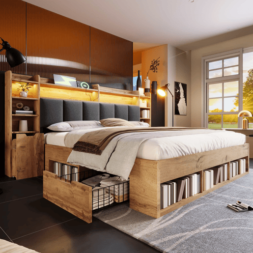 Cama de casal com dimensões 180x200 cm - cabeceira estofada com iluminação LED, mesas de cabeceira com portas USB e Type-C, arrumação com gavetas, base de ripas de madeira - carvalho