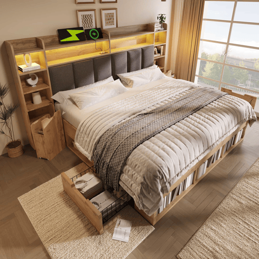 Cama de casal com dimensões 180x200 cm - cabeceira estofada com iluminação LED, mesas de cabeceira com portas USB e Type-C, arrumação com gavetas, base de ripas de madeira - carvalho