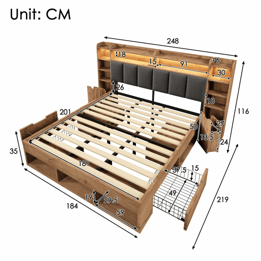 Cama de casal com dimensões 180x200 cm - cabeceira estofada com iluminação LED, mesas de cabeceira com portas USB e Type-C, arrumação com gavetas, base de ripas de madeira - carvalho