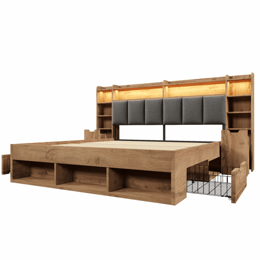 Cama de casal com dimensões 180x200 cm - cabeceira estofada com iluminação LED, mesas de cabeceira com portas USB e Type-C, arrumação com gavetas, base de ripas de madeira - carvalho