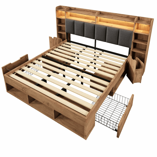 Cama de casal com dimensões 180x200 cm - cabeceira estofada com iluminação LED, mesas de cabeceira com portas USB e Type-C, arrumação com gavetas, base de ripas de madeira - carvalho