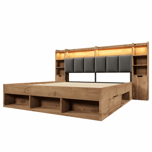 Cama de casal com dimensões 180x200 cm - cabeceira estofada com iluminação LED, mesas de cabeceira com portas USB e Type-C, arrumação com gavetas, base de ripas de madeira - carvalho