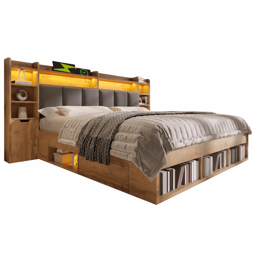 Cama de casal com dimensões 180x200 cm - cabeceira estofada com iluminação LED, mesas de cabeceira com portas USB e Type-C, arrumação com gavetas, base de ripas de madeira - carvalho