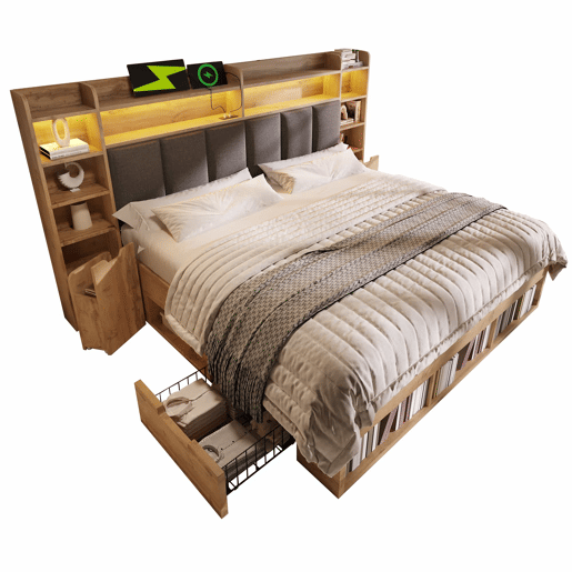 Cama de casal com dimensões 180x200 cm - cabeceira estofada com iluminação LED, mesas de cabeceira com portas USB e Type-C, arrumação com gavetas, base de ripas de madeira - carvalho