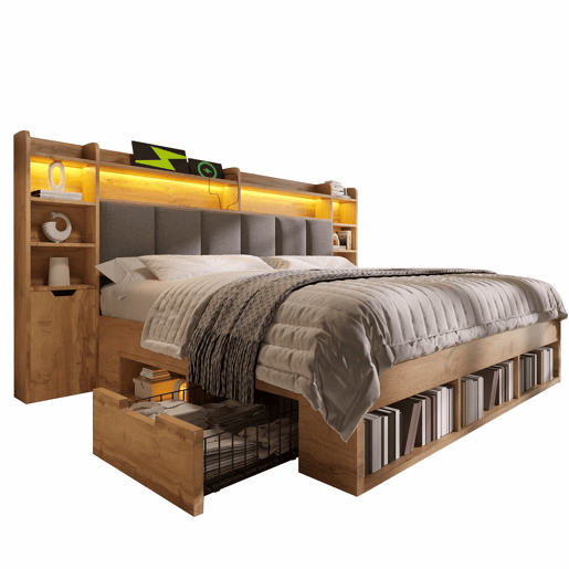 Cama de casal com dimensões 180x200 cm - cabeceira estofada com iluminação LED, mesas de cabeceira com portas USB e Type-C, arrumação com gavetas, base de ripas de madeira - carvalho