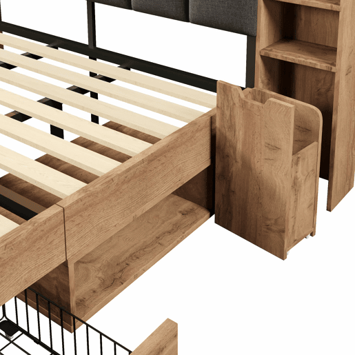 Cama de casal com dimensões 180x200 cm - cabeceira estofada com iluminação LED, mesas de cabeceira com portas USB e Type-C, arrumação com gavetas, base de ripas de madeira - carvalho