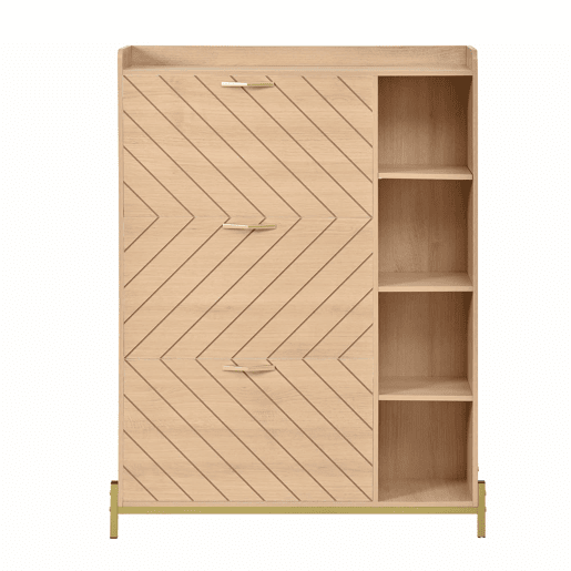 Aparador de entrada ultrafino - estilo nĂ³rdico, 3 portas basculantes, grande capacidade, prateleiras laterais abertas, acabamento em veios de carvalho - natural Aparador de entrada ultrafino - estilo nĂ³rdico, 3 portas basculantes, grande capacidade, prateleiras laterais abertas, acabamento em veios de carvalho - natural