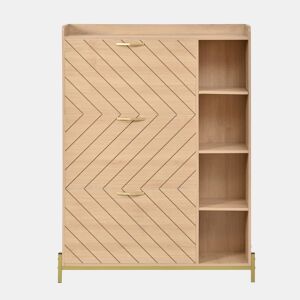 Aparador de entrada ultrafino - estilo nórdico, 3 portas basculantes, grande capacidade, prateleiras laterais abertas, acabamento em veios de carvalho - natural
