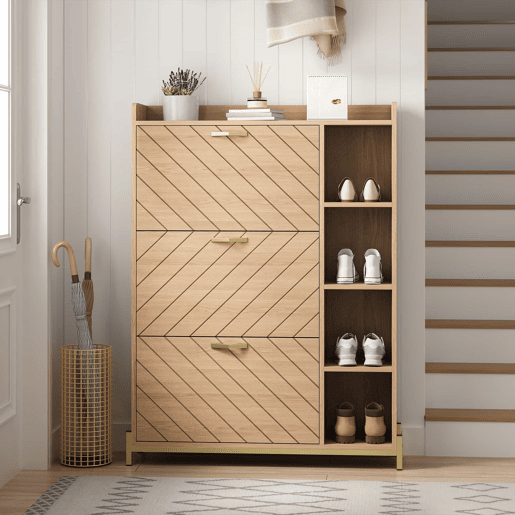 Aparador de entrada ultrafino - estilo nĂ³rdico, 3 portas basculantes, grande capacidade, prateleiras laterais abertas, acabamento em veios de carvalho - natural Aparador de entrada ultrafino - estilo nĂ³rdico, 3 portas basculantes, grande capacidade, prateleiras laterais abertas, acabamento em veios de carvalho - natural