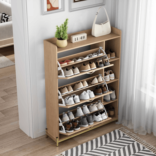 Aparador de entrada ultrafino - estilo nĂ³rdico, 3 portas basculantes, grande capacidade, prateleiras laterais abertas, acabamento em veios de carvalho - natural Aparador de entrada ultrafino - estilo nĂ³rdico, 3 portas basculantes, grande capacidade, prateleiras laterais abertas, acabamento em veios de carvalho - natural