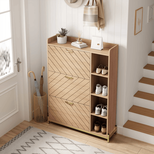 Aparador de entrada ultrafino - estilo nĂ³rdico, 3 portas basculantes, grande capacidade, prateleiras laterais abertas, acabamento em veios de carvalho - natural Aparador de entrada ultrafino - estilo nĂ³rdico, 3 portas basculantes, grande capacidade, prateleiras laterais abertas, acabamento em veios de carvalho - natural