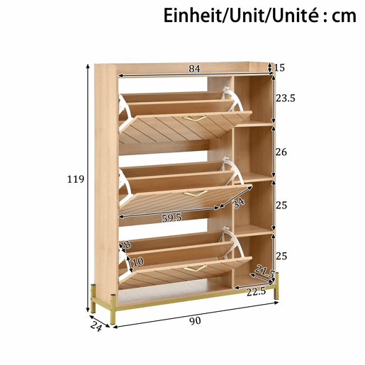 Aparador de entrada ultrafino - estilo nĂ³rdico, 3 portas basculantes, grande capacidade, prateleiras laterais abertas, acabamento em veios de carvalho - natural Aparador de entrada ultrafino - estilo nĂ³rdico, 3 portas basculantes, grande capacidade, prateleiras laterais abertas, acabamento em veios de carvalho - natural