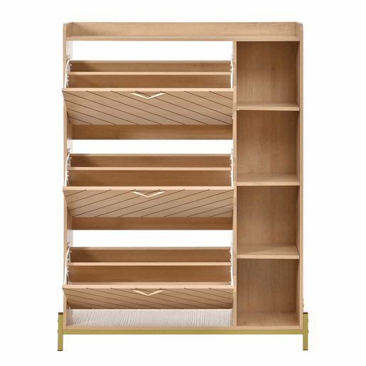 Aparador de entrada ultrafino - estilo nĂ³rdico, 3 portas basculantes, grande capacidade, prateleiras laterais abertas, acabamento em veios de carvalho - natural Aparador de entrada ultrafino - estilo nĂ³rdico, 3 portas basculantes, grande capacidade, prateleiras laterais abertas, acabamento em veios de carvalho - natural