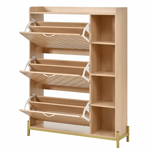 Aparador de entrada ultrafino - estilo nĂ³rdico, 3 portas basculantes, grande capacidade, prateleiras laterais abertas, acabamento em veios de carvalho - natural Aparador de entrada ultrafino - estilo nĂ³rdico, 3 portas basculantes, grande capacidade, prateleiras laterais abertas, acabamento em veios de carvalho - natural